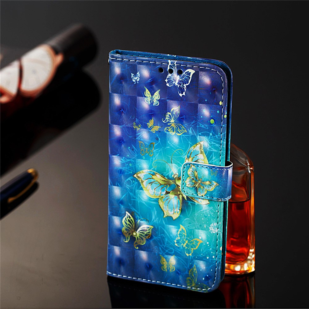 3D Painting Pattern Leather Phone Case with Card Wallet Slots for Samsung Galaxy A20e / A10e - Blue Shiny Butterflies-10