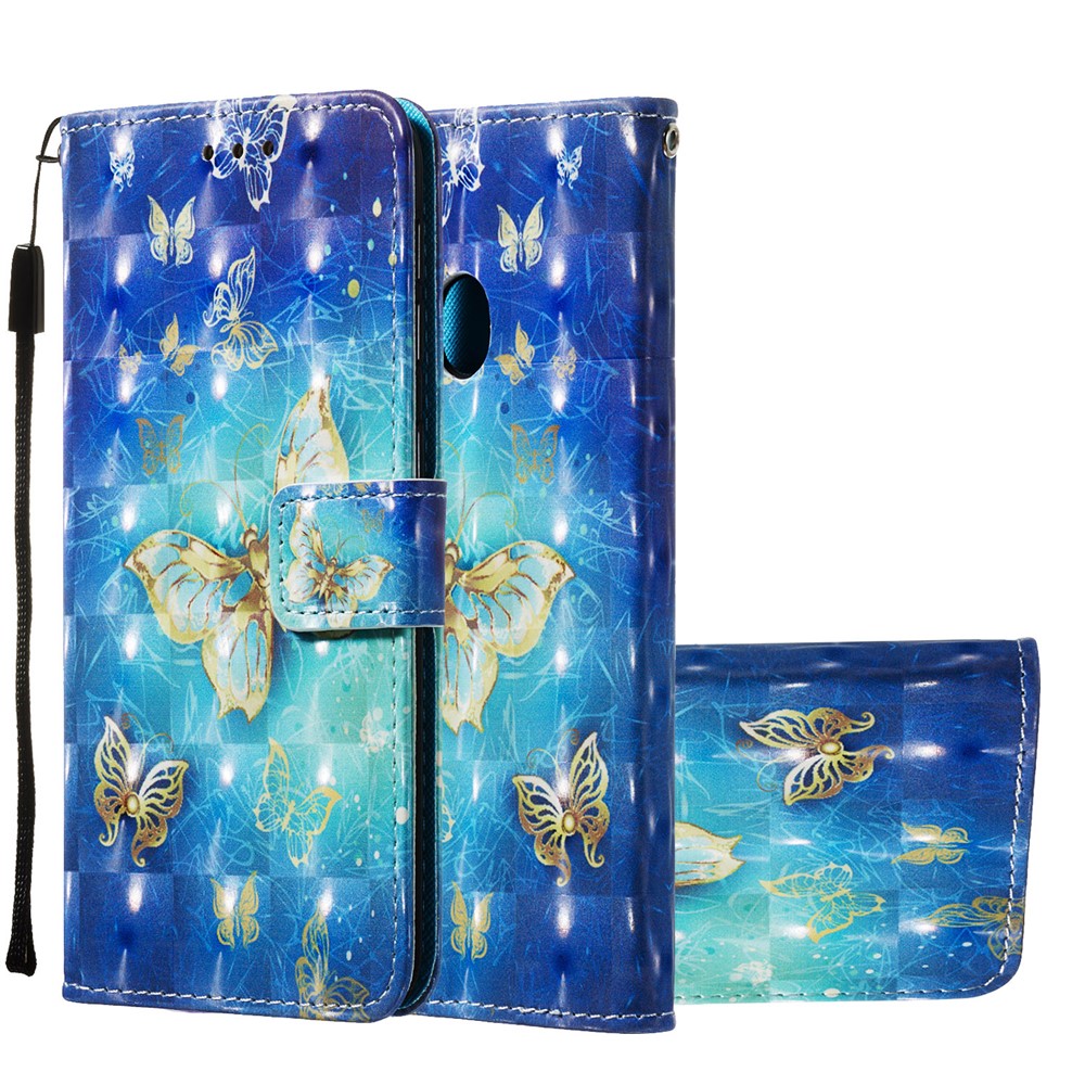 3D Painting Pattern Leather Phone Case with Card Wallet Slots for Samsung Galaxy A20e / A10e - Blue Shiny Butterflies-2