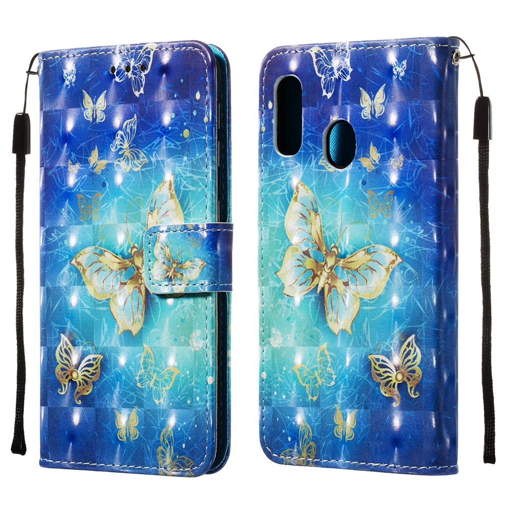 3D Painting Pattern Leather Phone Case with Card Wallet Slots for Samsung Galaxy A20e / A10e - Blue Shiny Butterflies-3