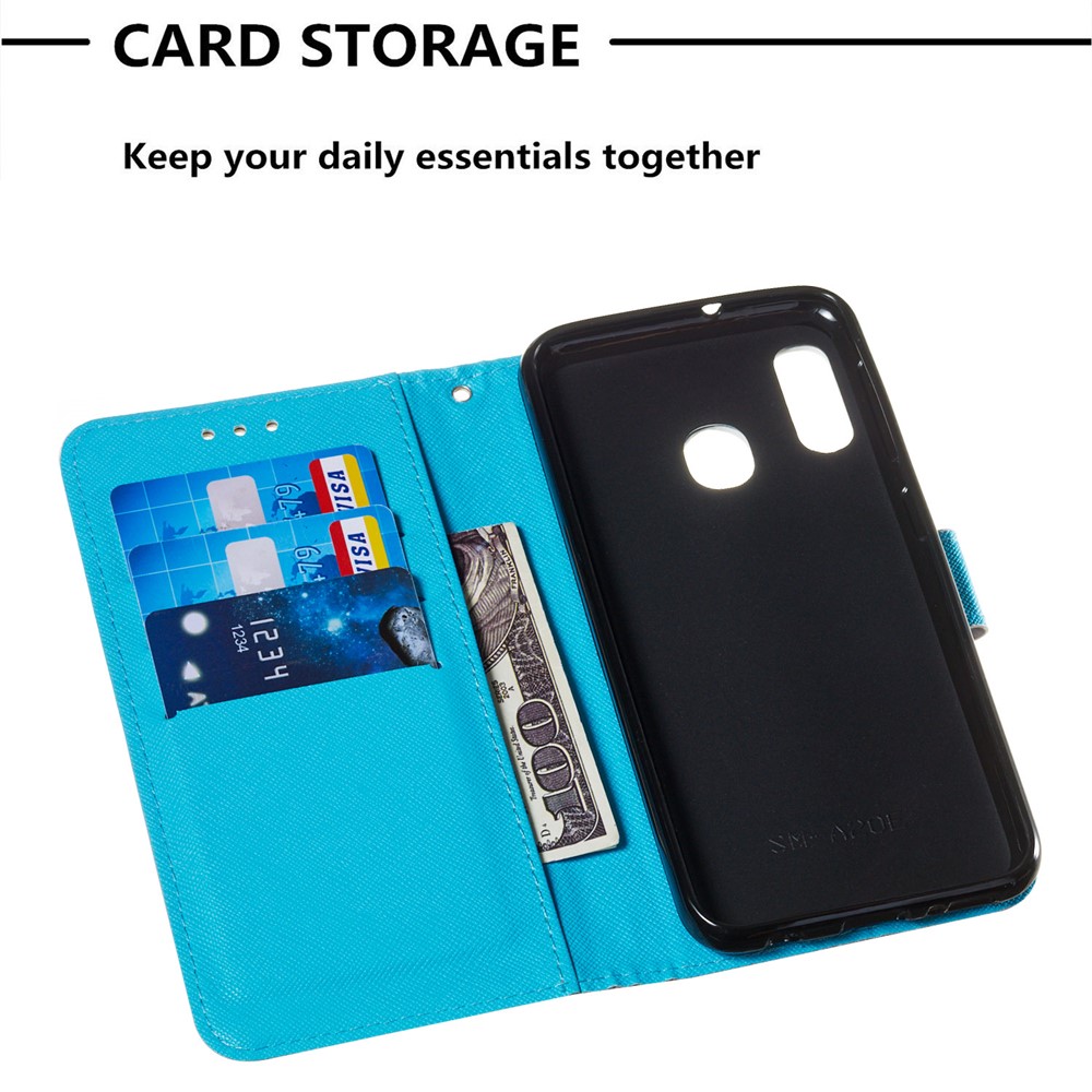 3D Painting Pattern Leather Phone Case with Card Wallet Slots for Samsung Galaxy A20e / A10e - Blue Shiny Butterflies-7