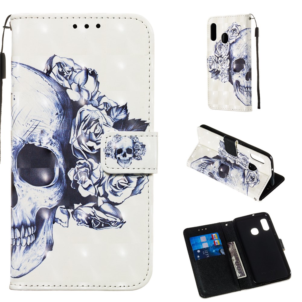 Lederner Telefonkasten Des Musters Der Malerei 3D Mit Kartengeldbörsenschlitzen Für Samsung-Galaxie A20e / A10e - Schädel Blumen-1