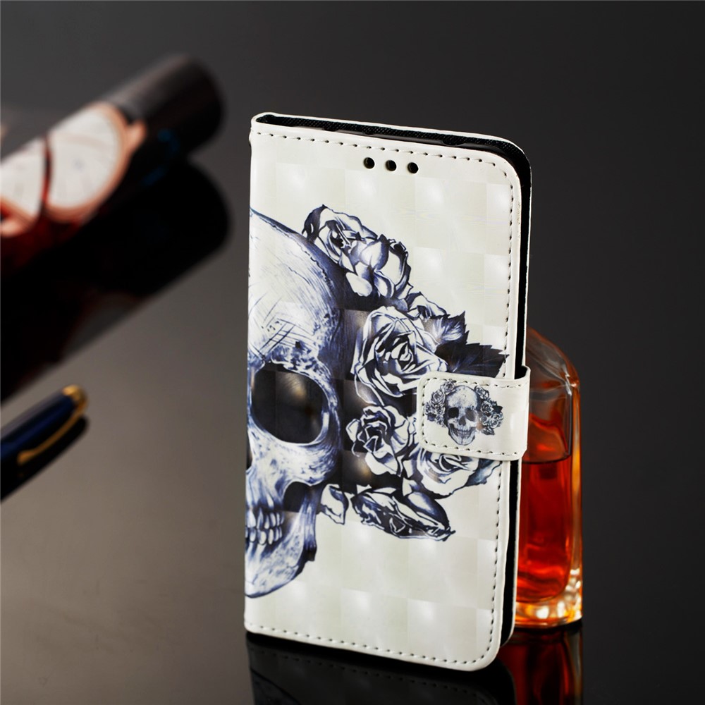 3D Painting Pattern Leather Phone Case with Card Wallet Slots for Samsung Galaxy A20e / A10e - Skull Flowers-10