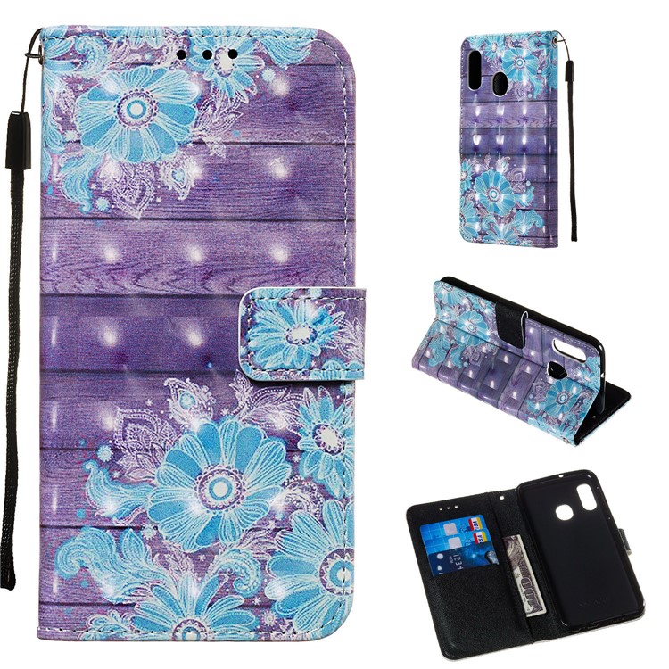 3D Painting Pattern Leather Phone Case with Card Wallet Slots for Samsung Galaxy A20e / A10e - Blue Flowers-1