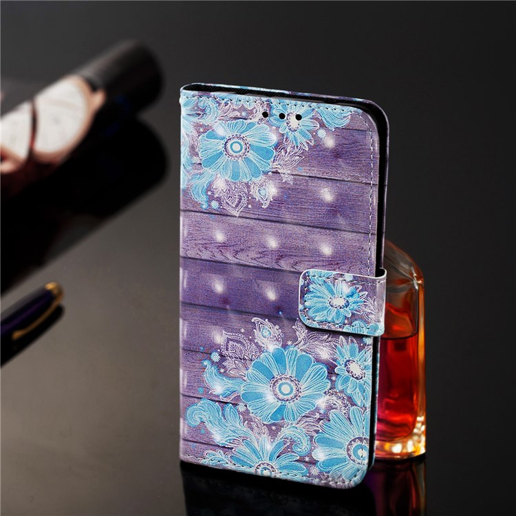 3D Painting Pattern Leather Phone Case with Card Wallet Slots for Samsung Galaxy A20e / A10e - Blue Flowers-10