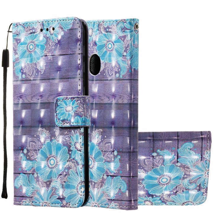 3D Painting Pattern Leather Phone Case with Card Wallet Slots for Samsung Galaxy A20e / A10e - Blue Flowers-2