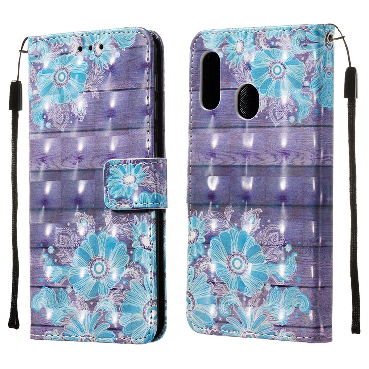 3D Painting Pattern Leather Phone Case with Card Wallet Slots for Samsung Galaxy A20e / A10e - Blue Flowers-3