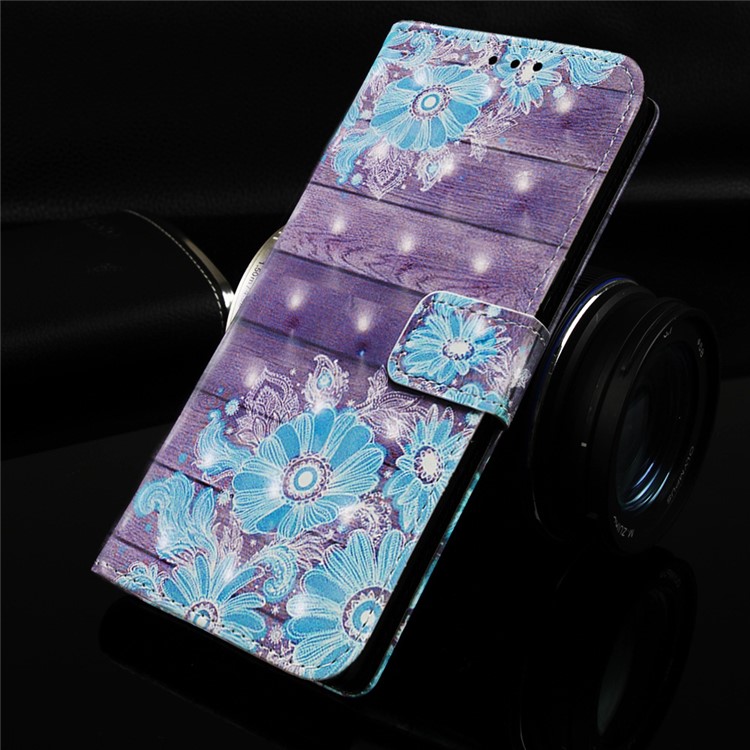 3D Painting Pattern Leather Phone Case with Card Wallet Slots for Samsung Galaxy A20e / A10e - Blue Flowers-9