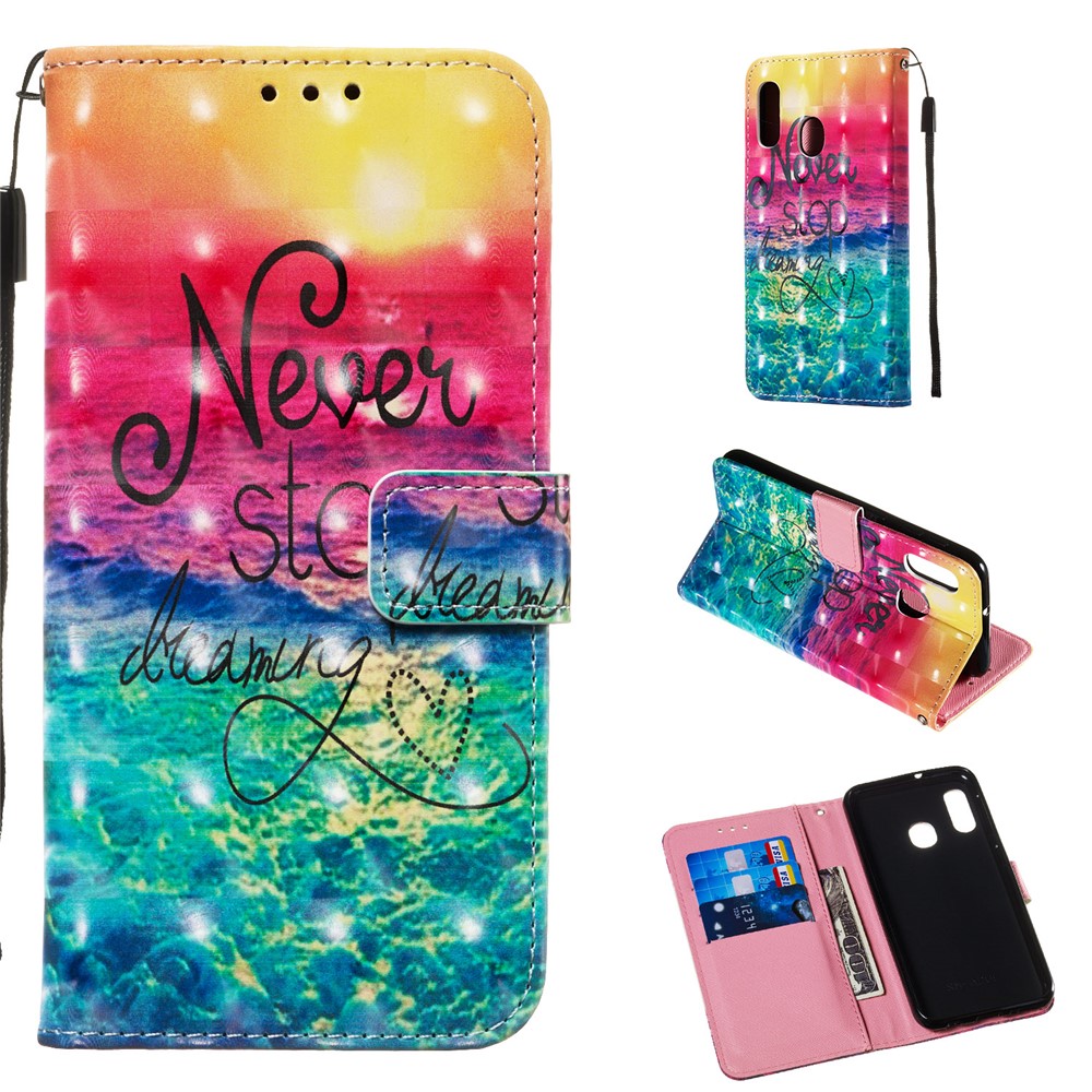 3D Painting Pattern Leather Phone Case with Card Wallet Slots for Samsung Galaxy A20e / A10e - Rainbow Ocean-1
