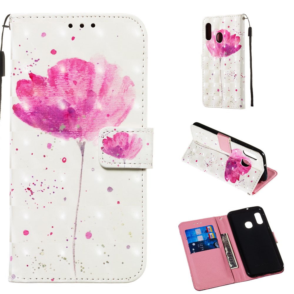 Caixa de Telefone de Couro Padrão de Pintura 3D Com Carteira de Carteira Para Samsung Galaxy A20e / A10e - Flor Rosa