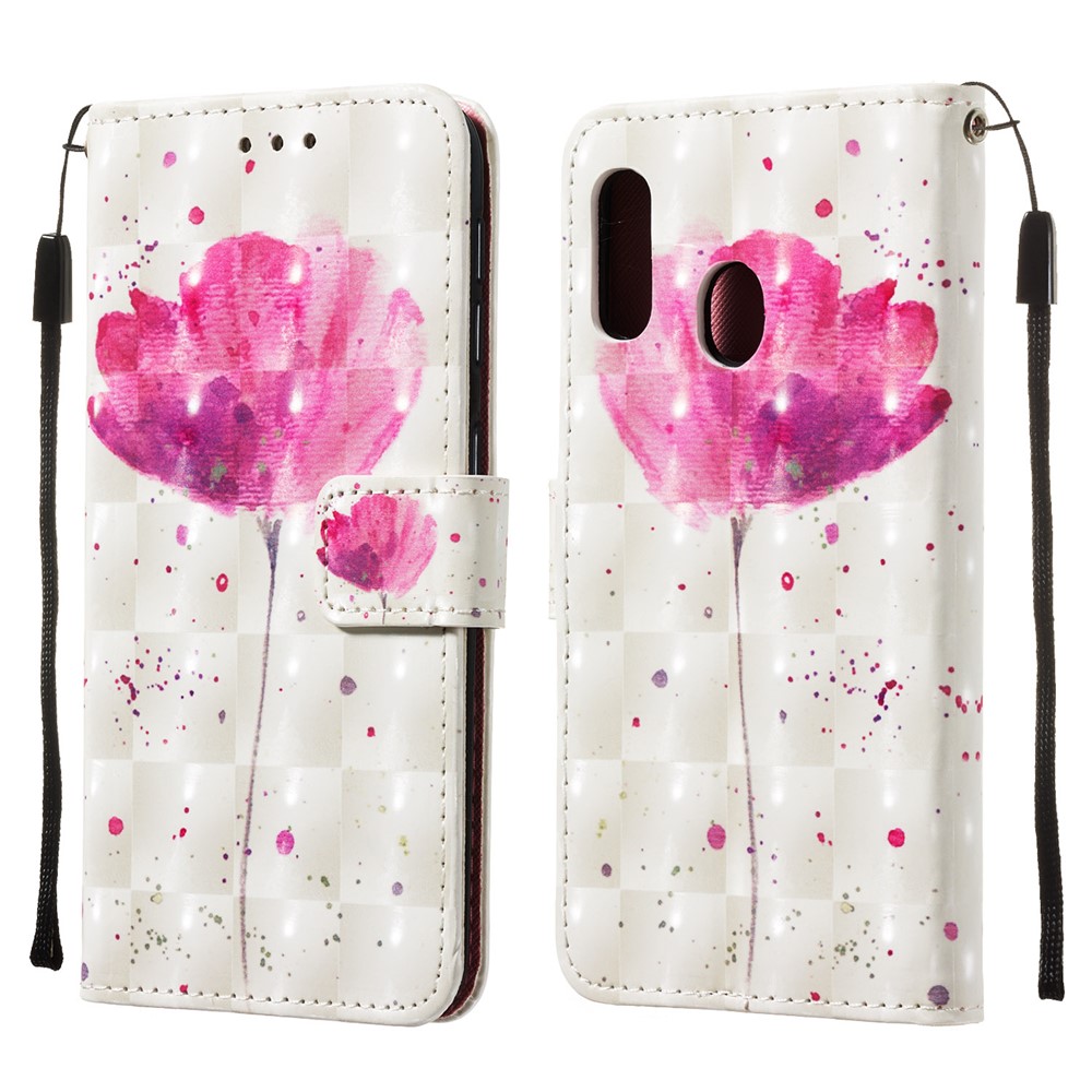 Caixa de Telefone de Couro Padrão de Pintura 3D Com Carteira de Carteira Para Samsung Galaxy A20e / A10e - Flor Rosa-3