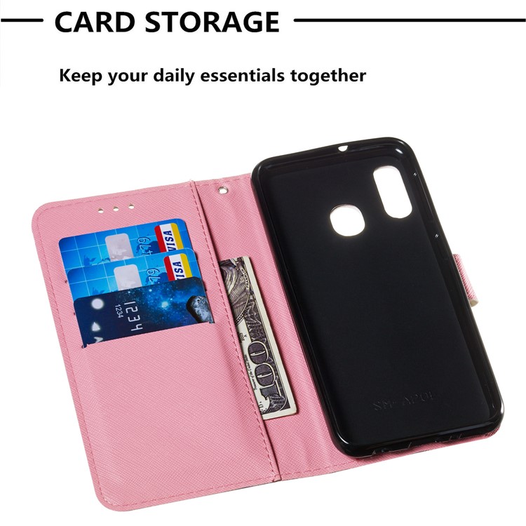 3D Painting Pattern Leather Phone Case with Card Wallet Slots for Samsung Galaxy A20e / A10e - Pink Clouds-7