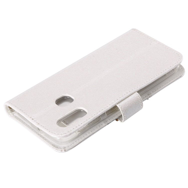 Glitter Powder Rhinestone Decoration Leather Wallet Case with Mirror for Samsung Galaxy A20e - White-10