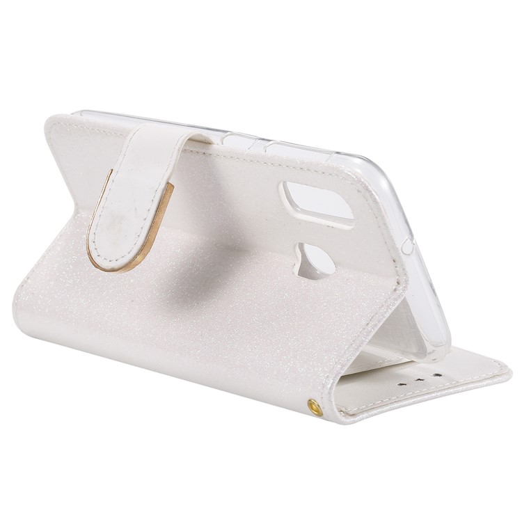Glitter Powder Rhinestone Decoration Leather Wallet Case with Mirror for Samsung Galaxy A20e - White-7