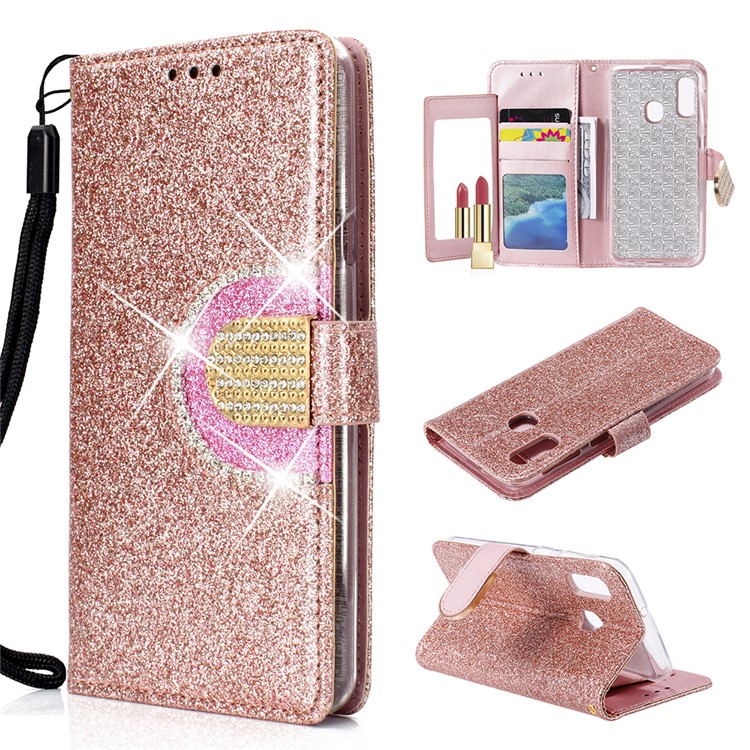 Glitter Powder Rhinestone Decoration Leather Wallet Case with Mirror for Samsung Galaxy A20e - Rose Gold-1