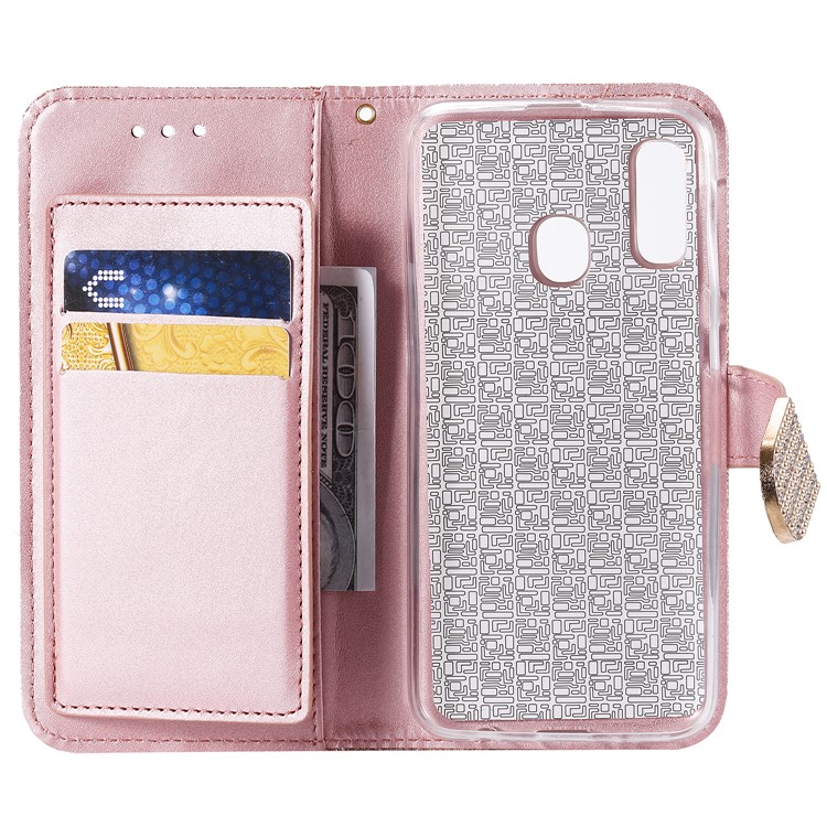 Glitter Powder Rhinestone Decoration Leather Wallet Case with Mirror for Samsung Galaxy A20e - Rose Gold-5