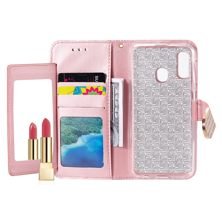 Glitter Powder Rhinestone Decoration Leather Wallet Case with Mirror for Samsung Galaxy A20e - Rose Gold-6