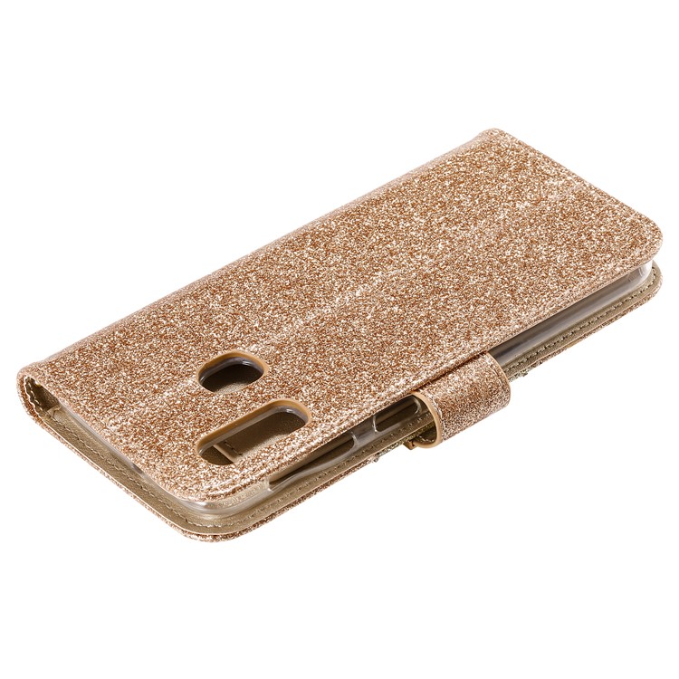 Glitter Powder Rhinestone Decoration Leather Wallet Case with Mirror for Samsung Galaxy A20e - Gold-10