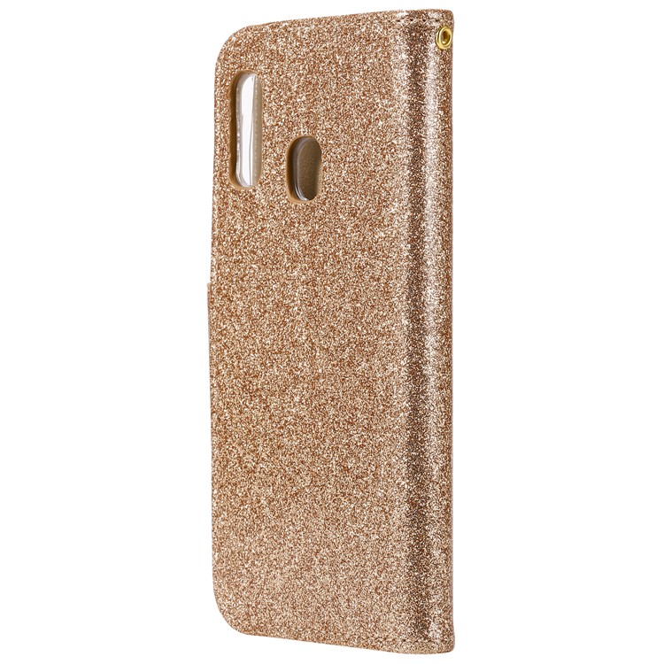 Glitter Powder Rhinestone Decoration Leather Wallet Case with Mirror for Samsung Galaxy A20e - Gold-4