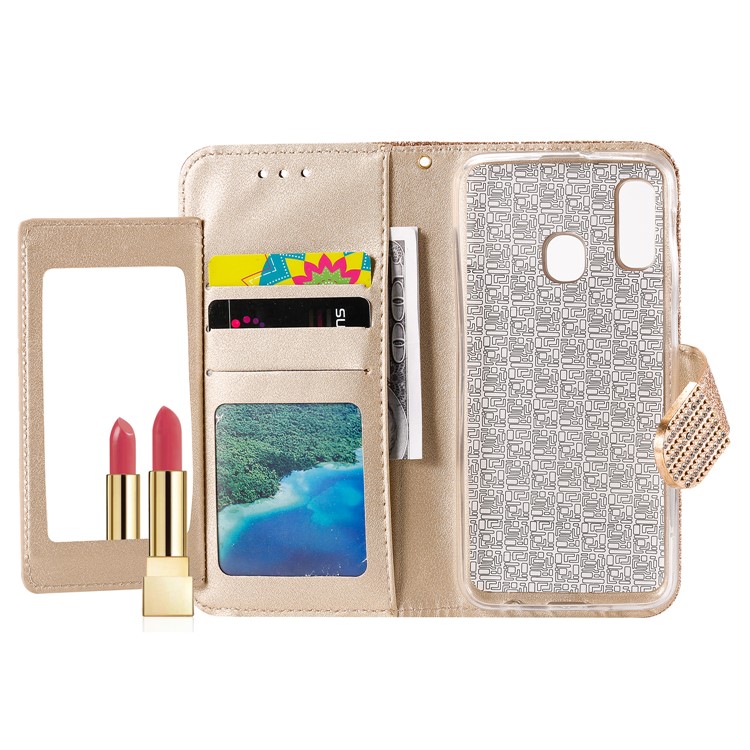 Glitter Powder Rhinestone Decoration Leather Wallet Case with Mirror for Samsung Galaxy A20e - Gold-6