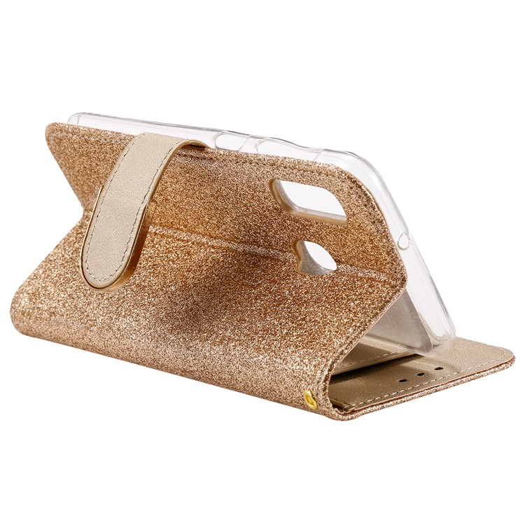 Glitter Powder Rhinestone Decoration Leather Wallet Case with Mirror for Samsung Galaxy A20e - Gold-7