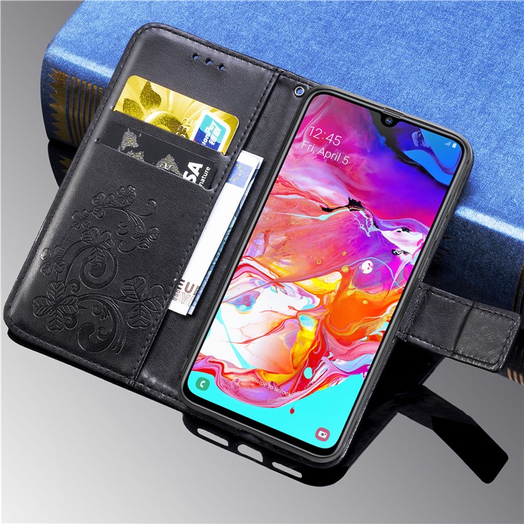 Imprint Four Leaf Clover Leather Wallet Stand Case with Strap for Samsung Galaxy A70 - Black-10