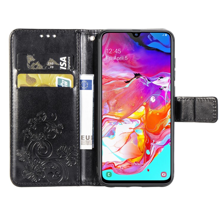 Imprint Four Leaf Clover Leather Wallet Stand Case with Strap for Samsung Galaxy A70 - Black-4