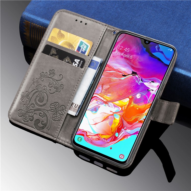 Imprint Four Leaf Clover Leather Wallet Stand Case with Strap for Samsung Galaxy A70 - Grey-11