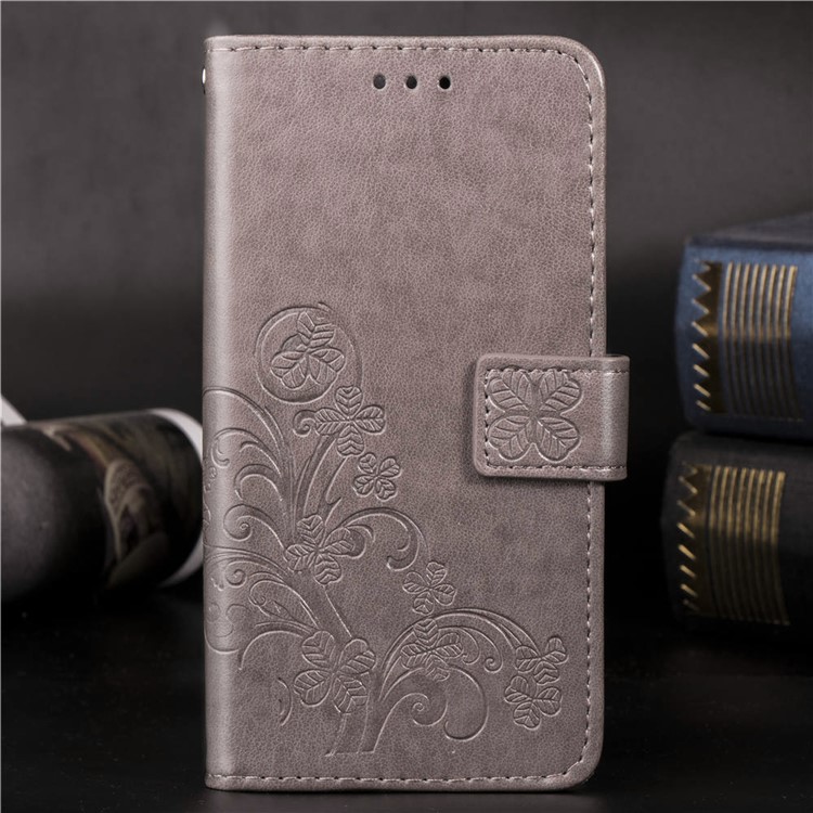 Imprint Four Leaf Clover Leather Wallet Stand Case with Strap for Samsung Galaxy A70 - Grey-12