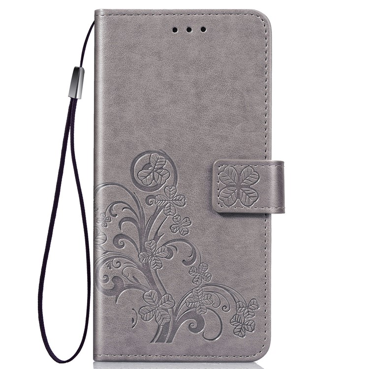 Imprint Four Leaf Clover Leather Wallet Stand Case with Strap for Samsung Galaxy A70 - Grey-2