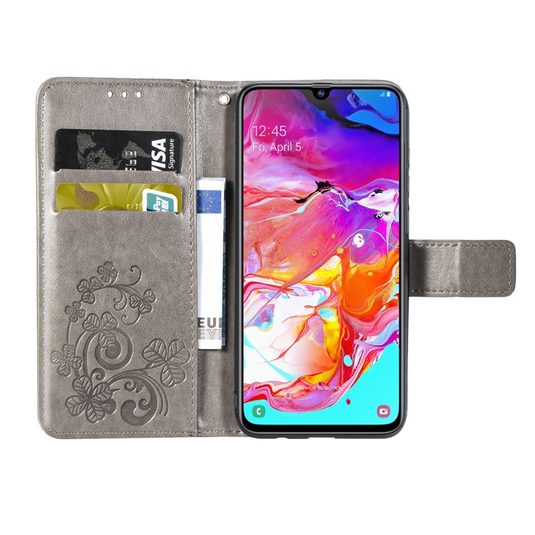Imprint Four Leaf Clover Leather Wallet Stand Case with Strap for Samsung Galaxy A70 - Grey-4