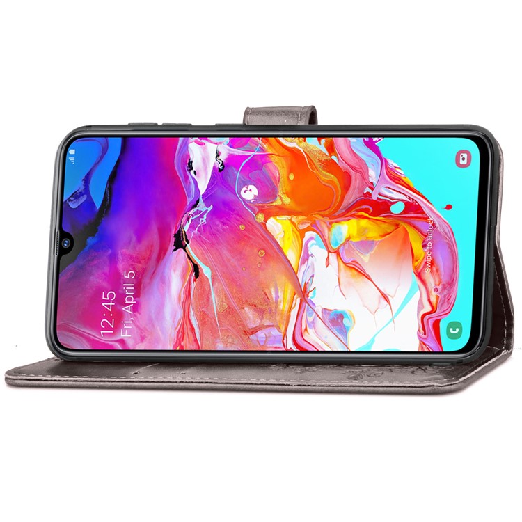 Imprint Four Leaf Clover Leather Wallet Stand Case with Strap for Samsung Galaxy A70 - Grey-5