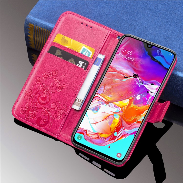 Imprint Four Leaf Clover Leather Wallet Stand Case with Strap for Samsung Galaxy A70 - Pink-12