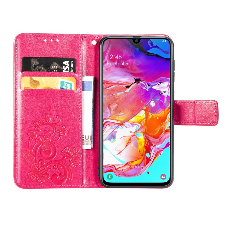 Imprint Four Leaf Clover Leather Wallet Stand Case with Strap for Samsung Galaxy A70 - Pink-4