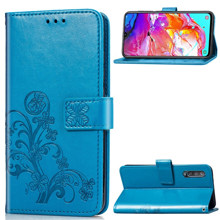 

Imprint Four Leaf Clover Leather Wallet Stand Case with Strap for Samsung Galaxy A70 - Blue, Galaxy A70