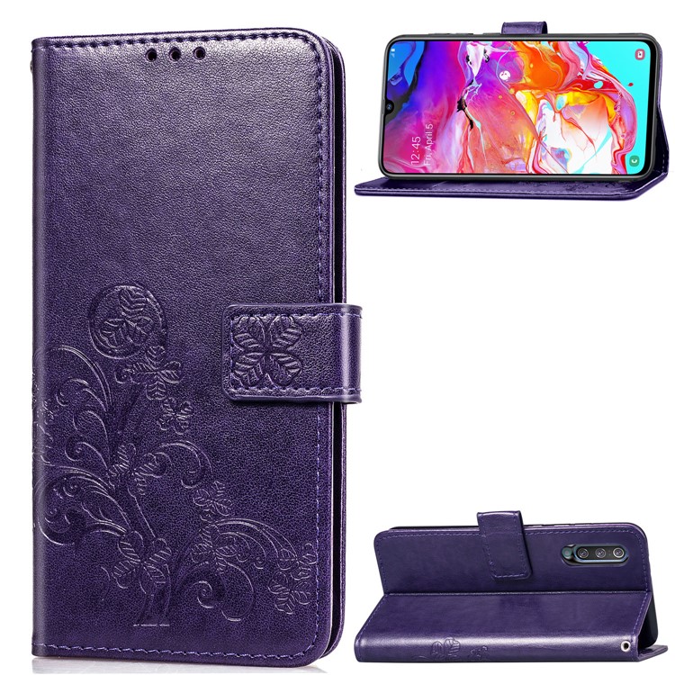 

Imprint Four Leaf Clover Leather Wallet Stand Case with Strap for Samsung Galaxy A70 - Purple, Galaxy A70