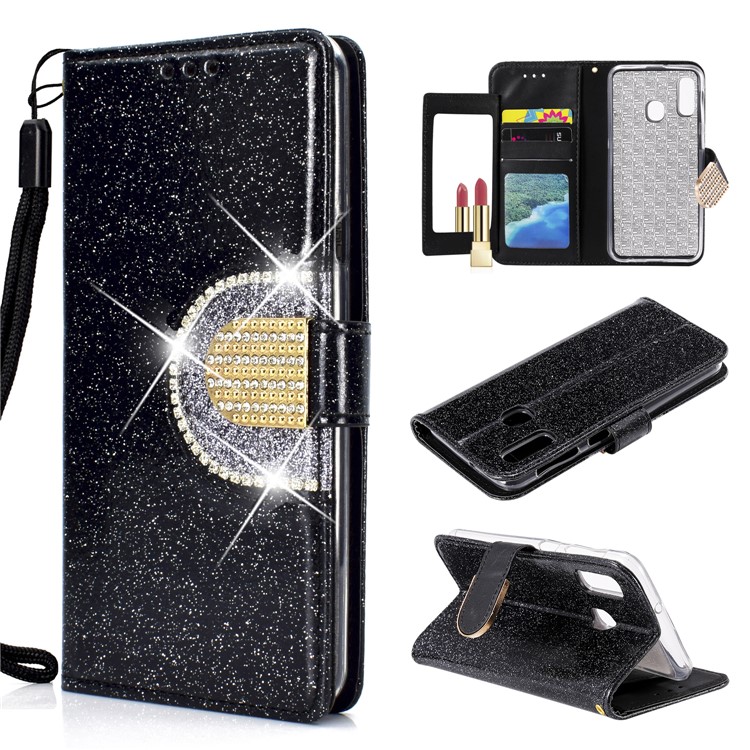 Glitter Powder Leather Wallet Phone Case with Mirror for Samsung Galaxy A40 - Black-1