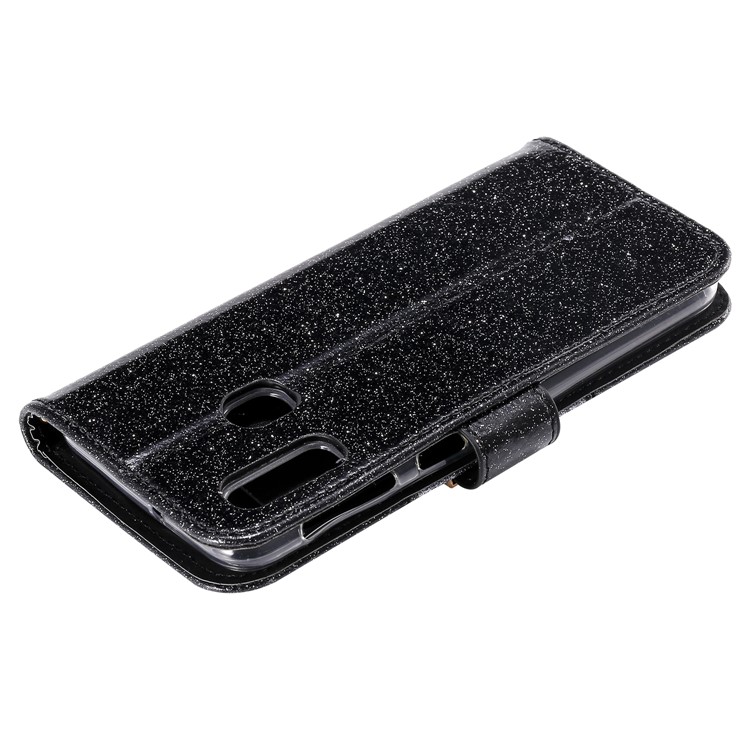 Glitter Powder Leather Wallet Phone Case with Mirror for Samsung Galaxy A40 - Black-10