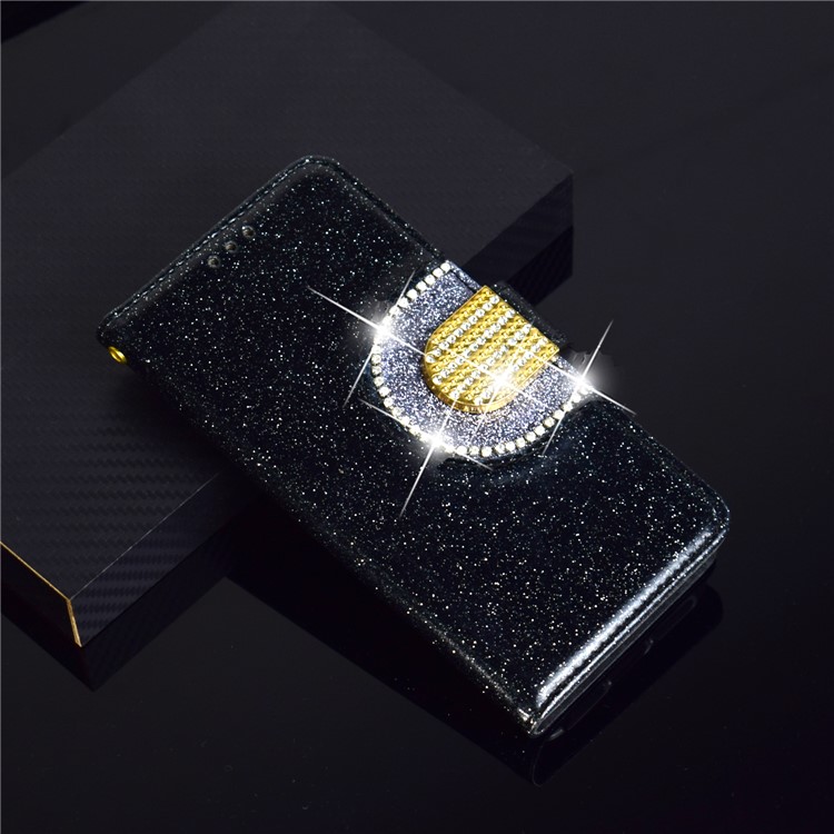 Glitter Powder Leather Wallet Phone Case with Mirror for Samsung Galaxy A40 - Black-11