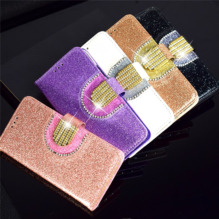 Glitter Powder Leather Wallet Phone Case with Mirror for Samsung Galaxy A40 - Black-12