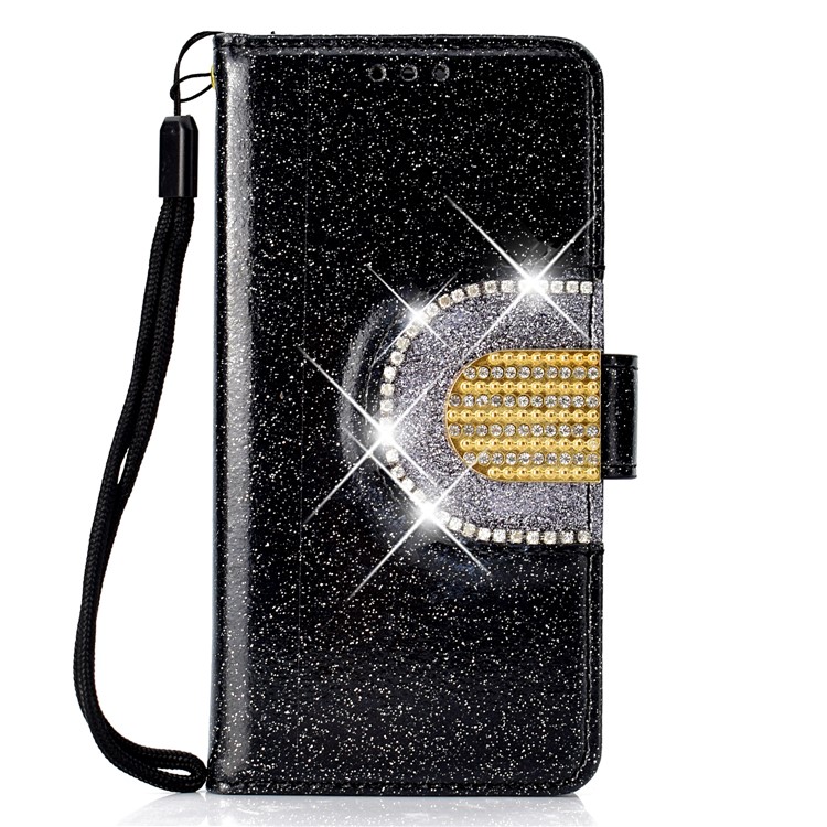 Glitter Powder Leather Wallet Phone Case with Mirror for Samsung Galaxy A40 - Black-2