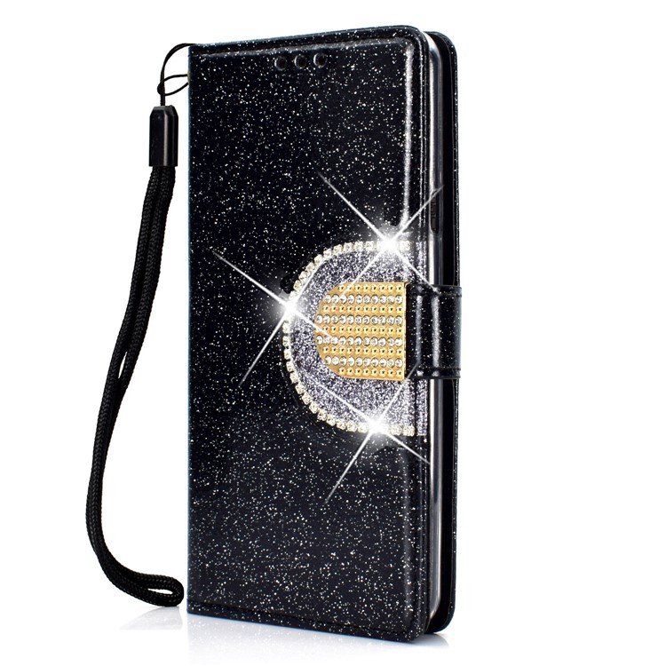 Glitter Powder Leather Wallet Phone Case with Mirror for Samsung Galaxy A40 - Black-3