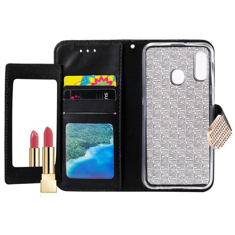 Glitter Powder Leather Wallet Phone Case with Mirror for Samsung Galaxy A40 - Black-6