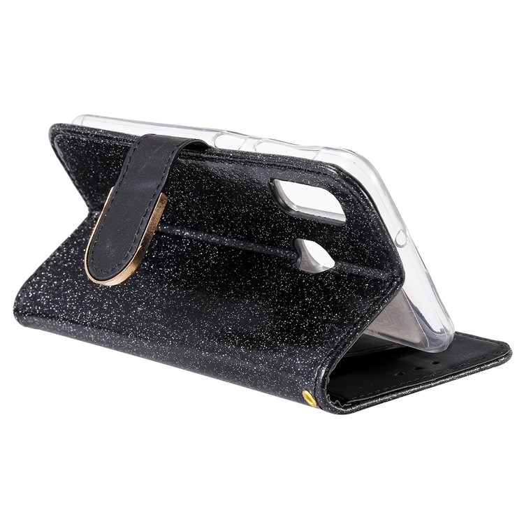 Glitter Powder Leather Wallet Phone Case with Mirror for Samsung Galaxy A40 - Black-7