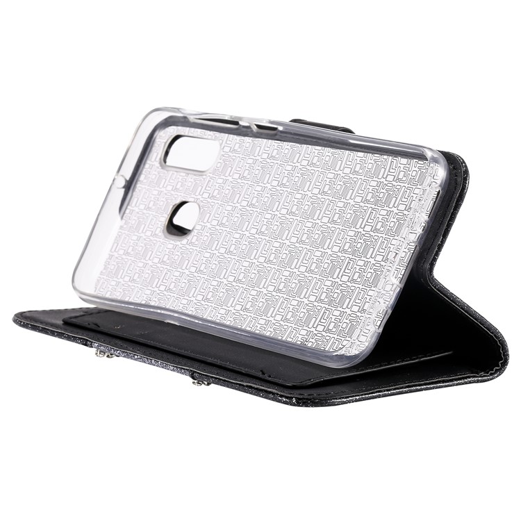 Glitter Powder Leather Wallet Phone Case with Mirror for Samsung Galaxy A40 - Black-8