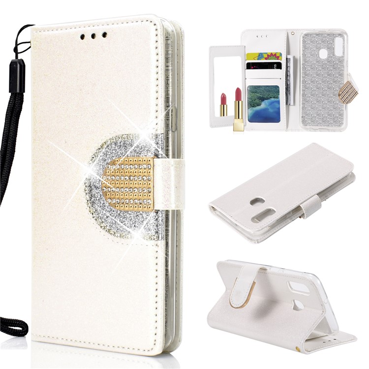 Glitter Powder Leather Wallet Phone Case with Mirror for Samsung Galaxy A40 - White-1