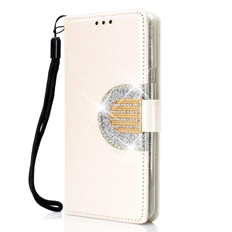 Glitter Powder Leather Wallet Phone Case with Mirror for Samsung Galaxy A40 - White-2