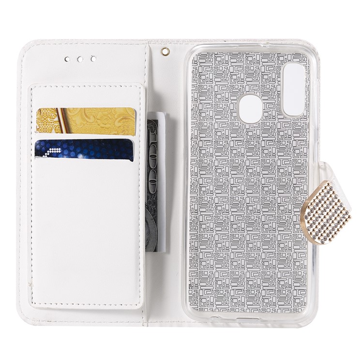 Glitter Powder Leather Wallet Phone Case with Mirror for Samsung Galaxy A40 - White-5