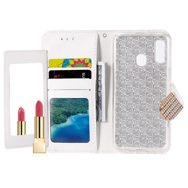 Glitter Powder Leather Wallet Phone Case with Mirror for Samsung Galaxy A40 - White-6