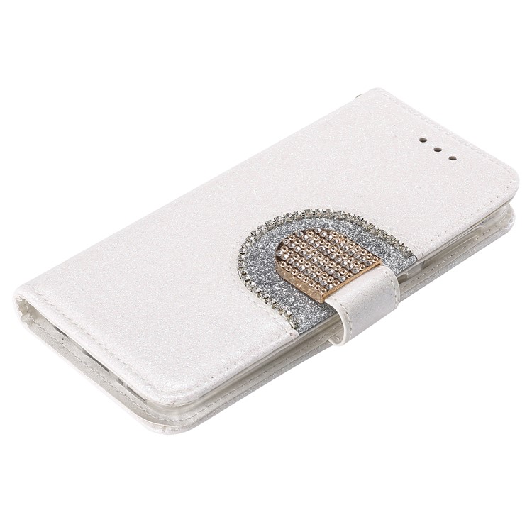 Glitter Powder Leather Wallet Phone Case with Mirror for Samsung Galaxy A40 - White-9