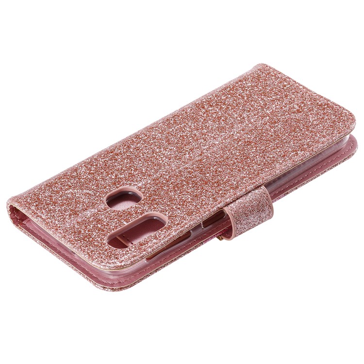 Glitter Powder Leather Wallet Phone Case with Mirror for Samsung Galaxy A40 - Rose Gold-10